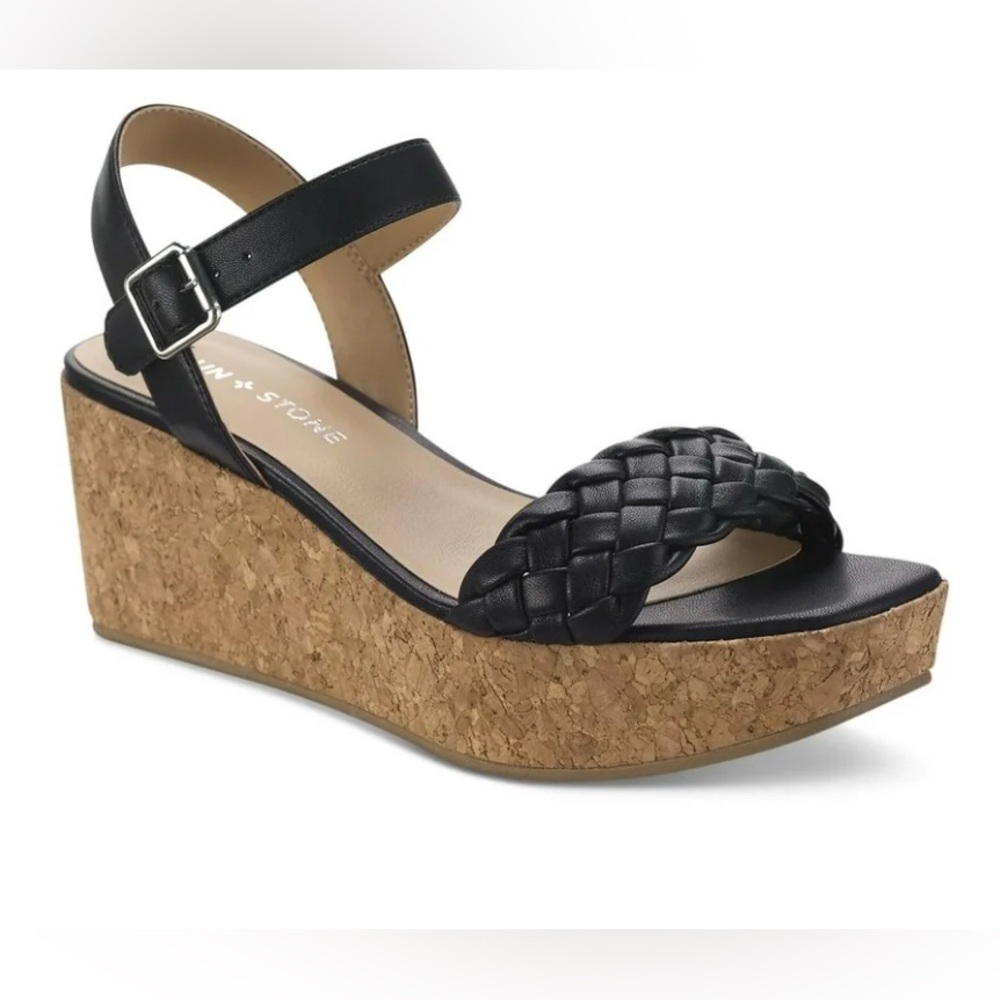 NWOB SUN & STONE BLAVK BRAIDED CORK WEDGE SANDAL 10M